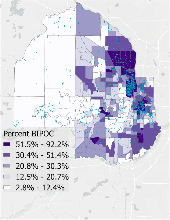Figure 3: The distribution of tax forfeited properties between 2010 and 2020 and Black, Indigenous and People of Color (BIPOC) residents in Hennepin County