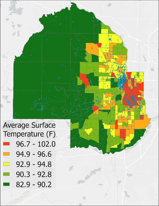 Figure 6: The distribution of tax forfeited properties between 2010 and 2020 and the average tract-level land surface temperature during an extreme heat event (2016) in the Twin Cities metropolitan area.