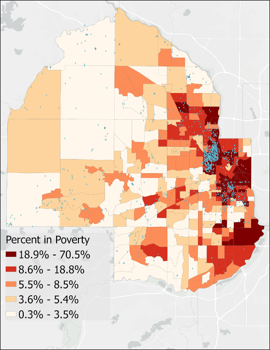 Figure 4: The distribution of tax forfeited properties between 2010 and 2020 and the percent of households living under the poverty line in Hennepin County