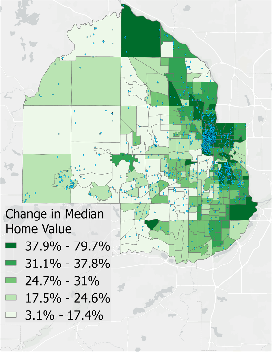Figure 5: The distribution of tax forfeited properties between 2010 and 2020 and the percentage change in median home values in Hennepin County between 2014 and 2019