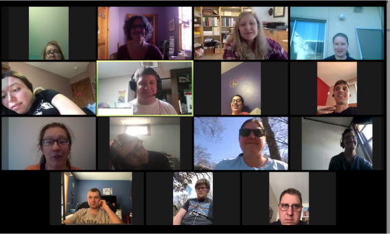 A screenshot of a virtual AMP program session conducted via zoom call. Mentees, mentors, and program staff are pictured